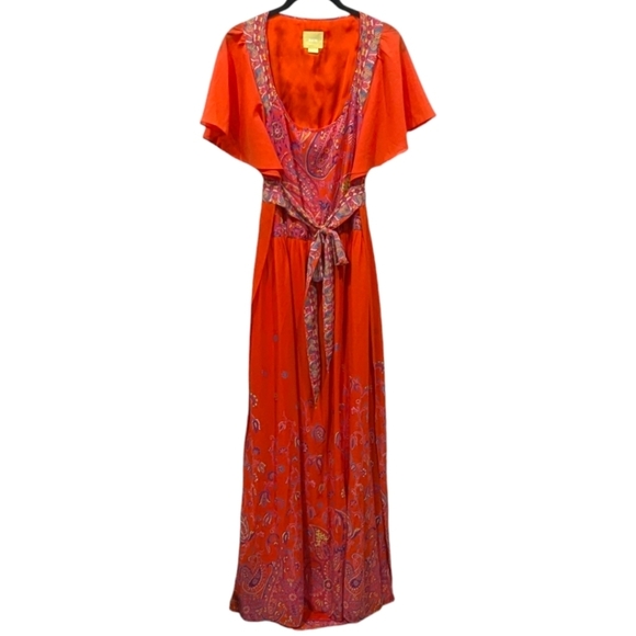 Anthro Maeve Blushed Paisley Chiffon Cape Maxi Dress (12) - Picture 2 of 8